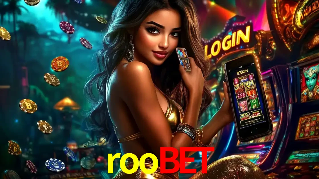 Mulher em um cenário de cassino temático de aventura, mostrando o app de caça-níqueis da roobet no celular. Fichas de apostas flutuam ao redor.